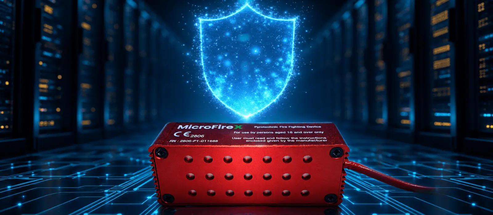 MicroFireX unit showing its CE marking and EU registration number in a data center, with a glowing shield emblem representing certified protection